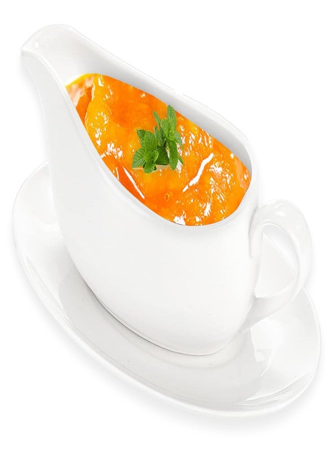 Nexboraque 14 oz Gravy Boat with Tray, Ceramic Sauce Boat with Ergonomic Handle and Dripless Lip Spout for Salad Dressings, Creamer, Broth, Black Pepper, White - Image 1